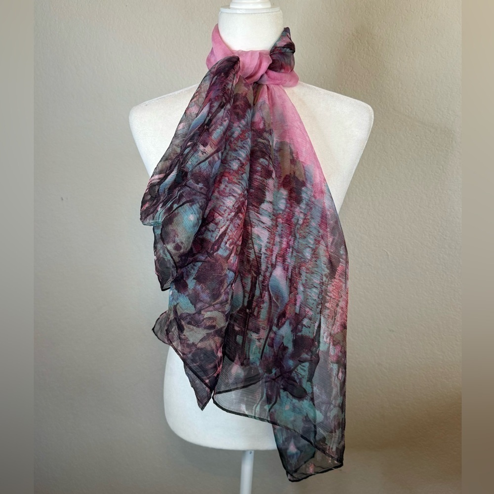 Joyce 100% Silk Pink Purple Watercolor Abstract Floral Artsy Scarf Wrap 40”x50”